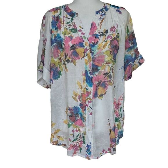 Go Fish Colorful Floral Print Button Down Blouse Round Split Neck Women Size M - Picture 1 of 9